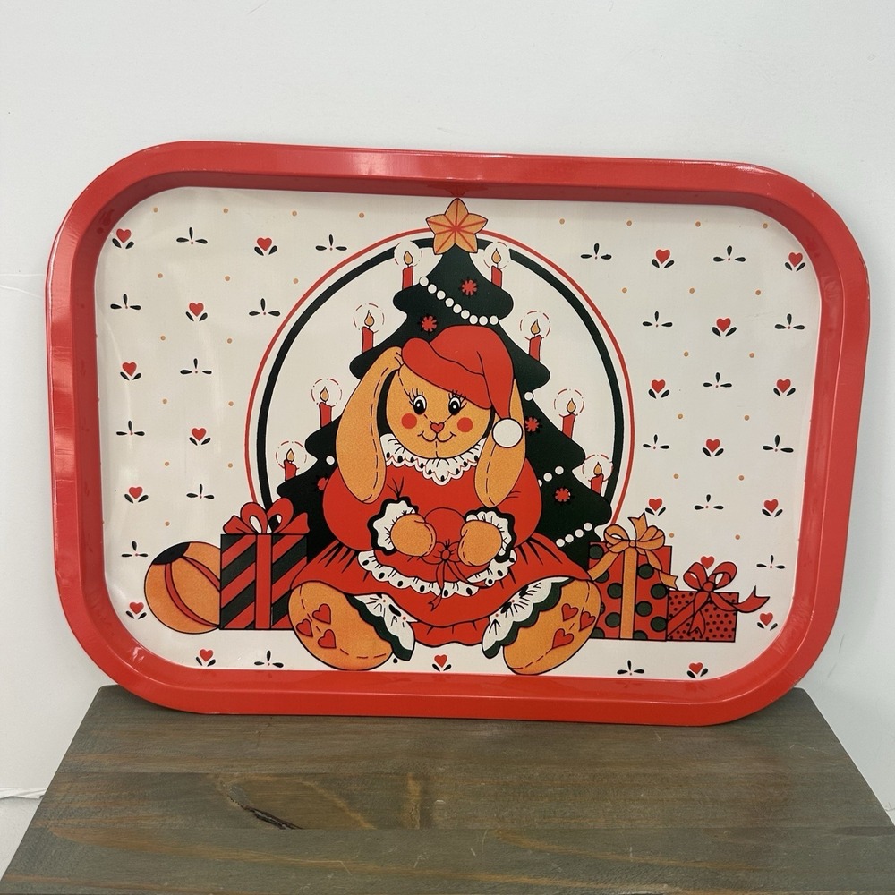 Vintage Metal Serving Tray Rabbit Bunny Santa Hat Eden Christmas Co. 15" X 11"‎